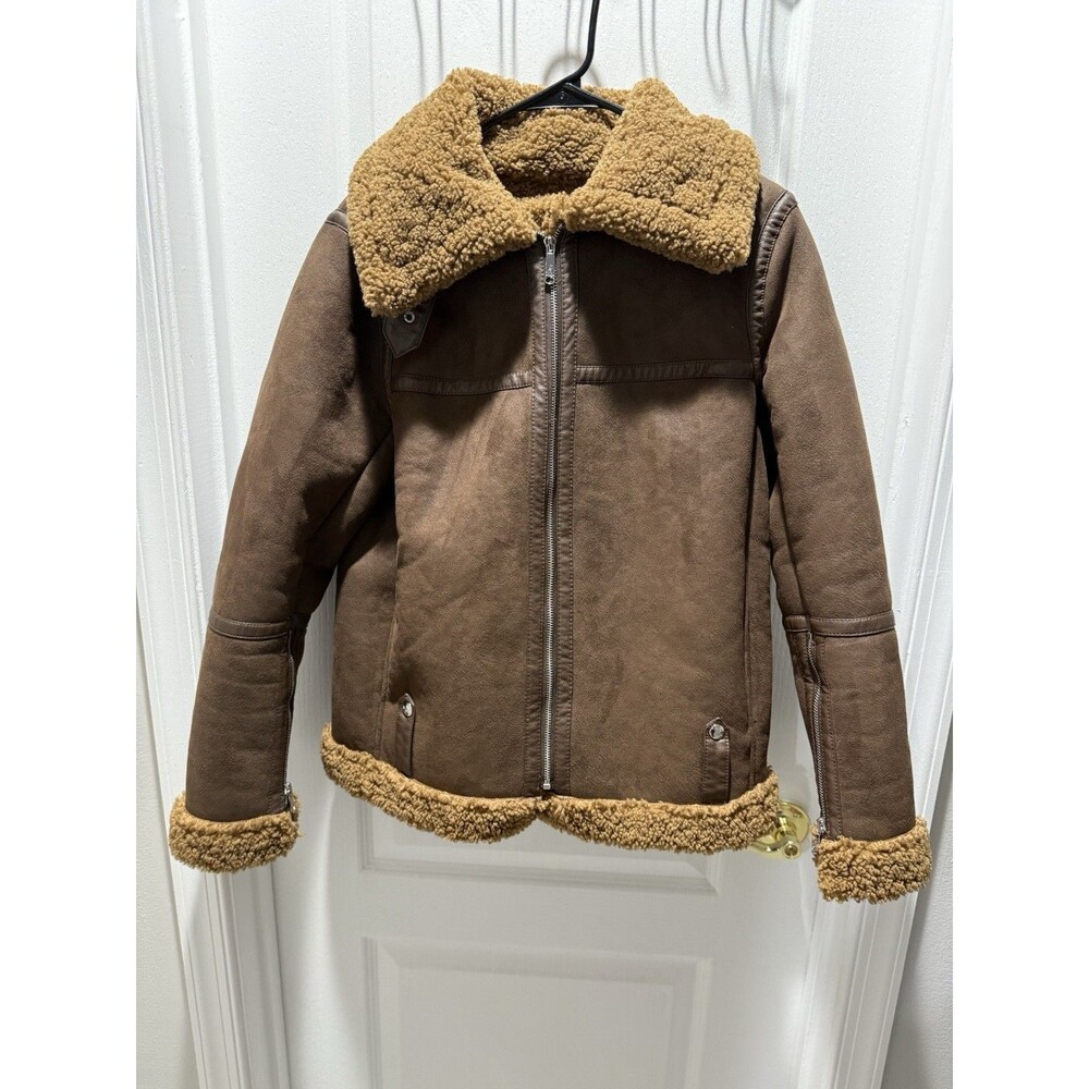 Sam Edelman Womens Teddy Jacket Size L Brown Faux Fur Notch Curly Comfort